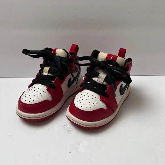 Kids Jordan 1 Red White with Black Swoosh Shoes Size 5C Black Laces - Picture 2 of 12